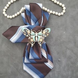 Striped Blue & Brown Necktie Necklace with Butterfly Brooch